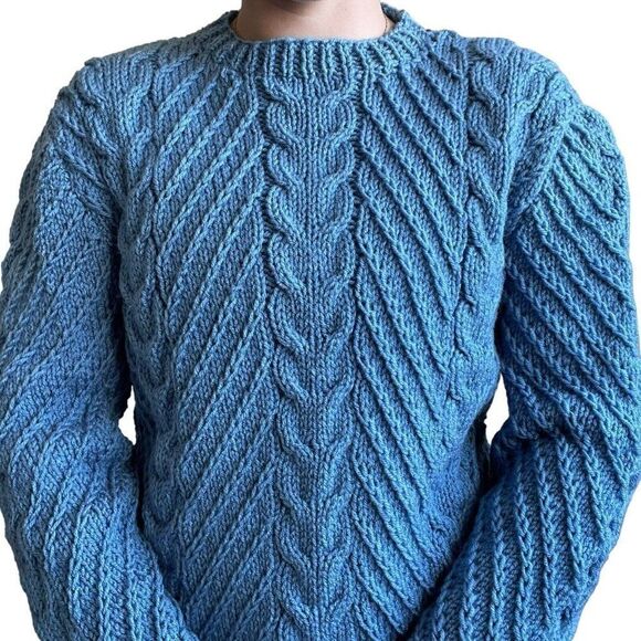 Hand Knit Womens Blue Cable Chunky Knit Fisherman Style Crewneck Sweater Sz M - Picture 2 of 6